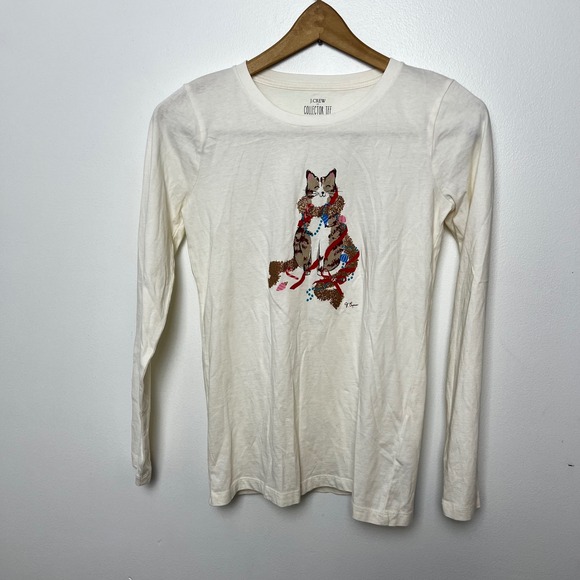 J.Crew Tops - J.Crew Collector Tee Womens XXS White Christmas Cat Graphic Long Sleeve Shirt‎